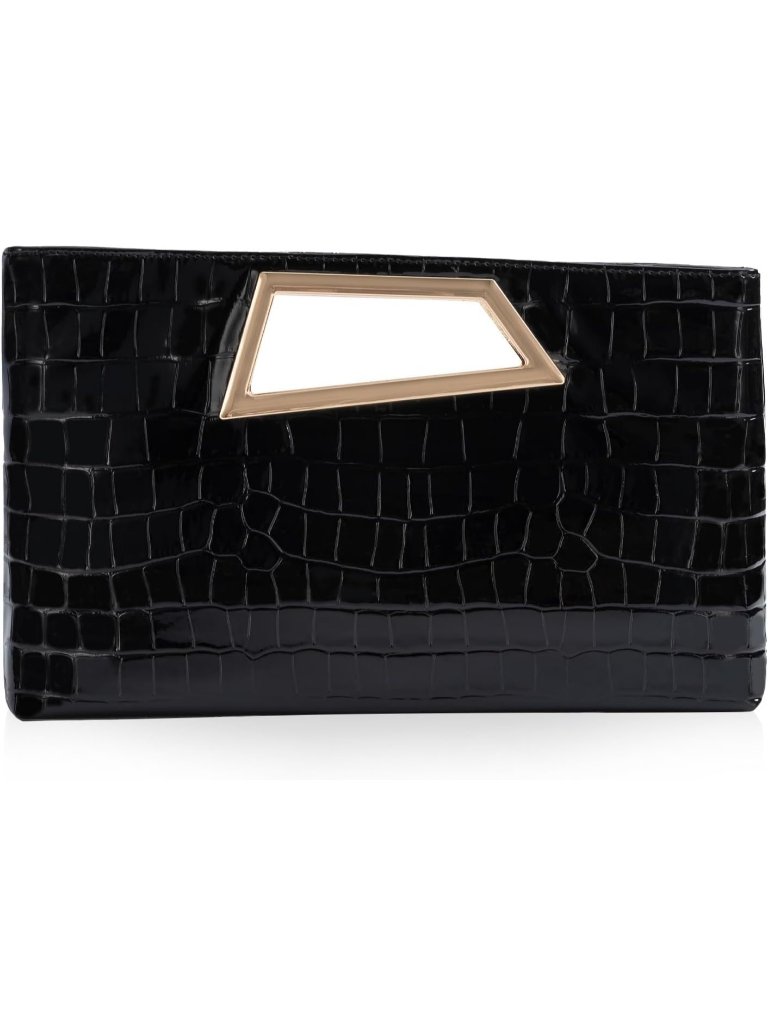 Women's Brilliant Black Leather Clutch Metallic Geo Top Handle Evening Bag Party